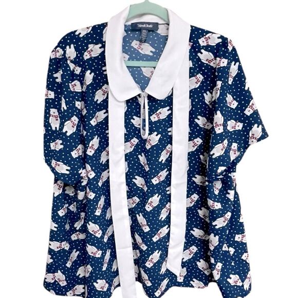 Modcloth Positive First Impressions Tie Neck Blouse 2X Blue Polar Bear Retro - Picture 4 of 10